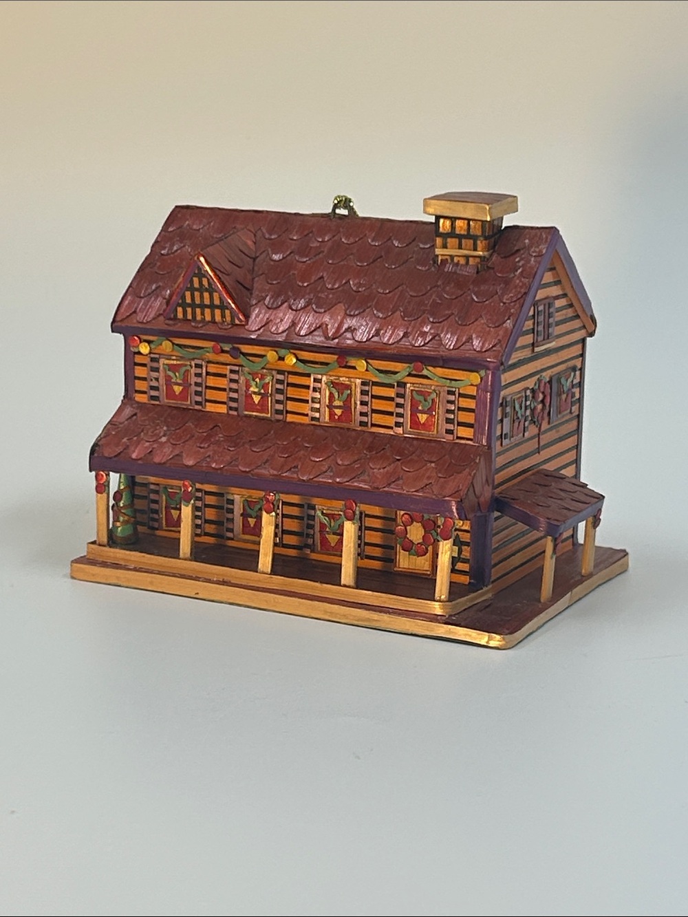 Vintage Christmas Hand Decorated StrawWooden House Enesco Ornament